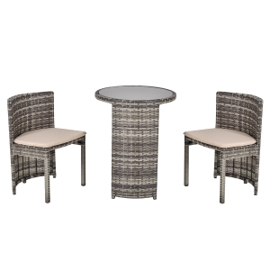Outsunny 3 pc Outdoor Rattan Wicker Bistro Set with Storage Shelf, Glass Top Table, Soft Cushioned Chairs and Space Saving Design, Patio Conversation Set for Garden Backyard Porch, Grey