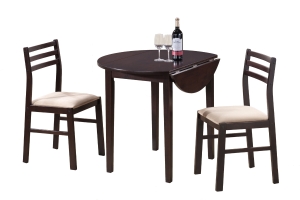 Monarch 3 Piece 36" Round Wooden Drop Leaf Table and Chairs Dining Set - Cappuccino Brown / Beige