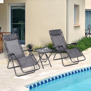 Outsunny 3pc Reclining Garden Chair Zero Gravity Sun Lounger Table Set Folding