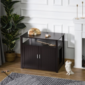 PawHut Wooden Cat Washroom Pet Litter Box Enclosure Kitten House Nightstand End Table Hideaway Cabinet with Removable/ Adjustable Divider Magnetic Doors Brown