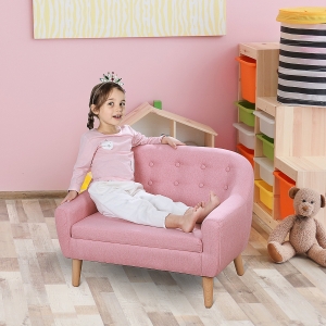 Qaba 2-Seat Linen Fabric and Wooden Frame Sofa for Kids and Toddlers Ages 3-6, 11" High Seat, Pink