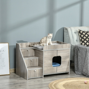 PawHut Cat Washroom Pet Litter Box Decorative Kitten House Nightstand End Table Indoor with Multipurpose Ladder Cushion Oak