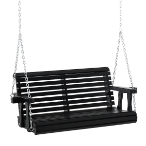 Outsunny 2-Person Outdoor Porch Swing Bench with 2 Built-In Cup Holders, Slatted Design, & Chains Included - Black