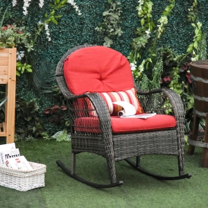 Outsunny PE Rattan Rocking Chair Garden Furniture Patio Relaxer Outdoor Wicker Conservatory w/ Cushion Red