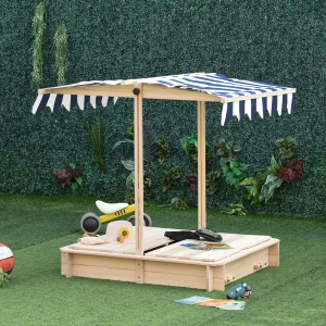 Outsunny Kids Wooden Cabana Sandbox Children Outdoor Backyard Playset Play Station w/ Adjustable Canopy Convertible Bench Seat Sand Protection Cover Bottom Liner Sand/Ball Pit Ceder Wood