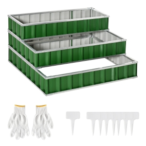 Outsunny 3 Tier Raised Garden Bed, Metal Elevated Planter Box w/ Gloves, Easy Assembly