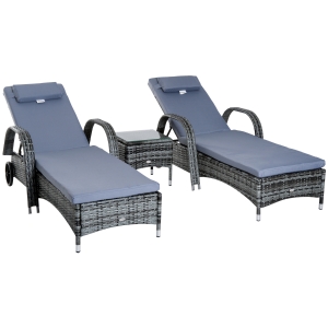 Outsunny 3 Pieces Patio Wicker Chaise Lounge Chair Set, Adjustable Outdoor PE Rattan Cushioned Lounge Set of 2 with Armrests, Side Table & Moving Wheels, Grey