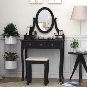 HOMCOM Wooden Vanity Table Set, Makeup Dressing Table with 360° Rotating, 5 Drawers and Padded Stool, Black