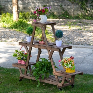 Outsunny 57'' x 14'' x 41'' Wooden 4 Tier Plant Shelf with Wheels Brown