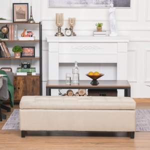 HOMCOM Large 51” Rectangular Storage Ottoman Bench, Tufted Upholstered Linen Fabric Wood Feet Entry Bench, Contemporary Home Decor Beige