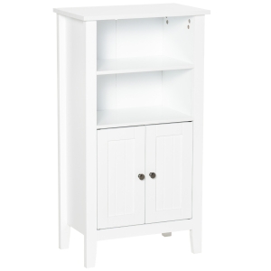 kleankin Bathroom Cabinet Organizer with 2-Tier Open Shelves, Double Door Enclosed Storage and Elevated Base, White