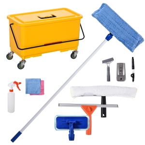 HOMCOM Cleaning Tool Set with Microfiber Mop Pads, Bucket, Squeegee, Scrubber, Scrapers, Spray Bottle for Floor, Glass Door, Window, Car Windshield