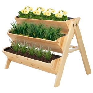 Outsunny 47" x 27" x 32" Raised Garden Bed 3-Level Wooden Plant Stand with Hooks & Clapboard for Tools