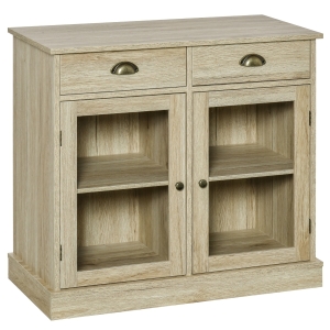 HOMCOM Rustic Farmhouse Sideboard, Buffet Cabinet with 2 Glass Doors, Adjustable Shelves and 2 Drawers for Kitchen, Living Room, Oak