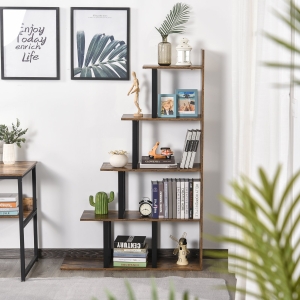 HOMCOM Industrial Style Bookcase 5-Tier Wooden Ladder Bookshelf Display Stand Organizer for Livingroom Indoor Corner Shelf - Rustic Brown