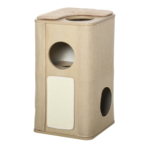 PawHut Wooden Cat Condo 3 Story Barrel Tower w/ Perch Removable Cover Cushions Sisal Scratching Carpet - Brown