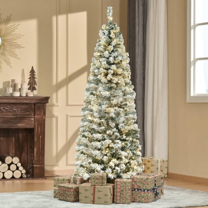 HOMCOM 6 Feet Prelit Artificial Snow Flocked Christmas Tree with Warm White LED Light, Holiday Home Xmas Decoration, Green White