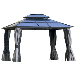 Outsunny 12' x 10' Polycarbonate Hardtop Patio Gazebo Canopy with Double-Tier Roof, Stable Steel Frame & Net Sidewalls