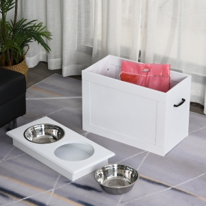 PawHut Large Elevated Pet Feeder with Storage Dog Pet Diner Function 2 Stainless Steel Dog Bowls Elevated Base for Large Dogs and Other Large Pet, Dark White