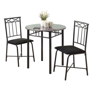 Monarch 3-Piece Modern 30" Round Marble-Look Top Metal Frame Table and Padded Chairs Dining Bistro Set - Grey Finish