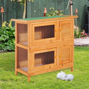 PawHut 2-Tier Wooden Rabbit Hutch Small Animal House Bunny Pet Cage with 2 Main Rooms, Sliding Tray, Opening Top, Yellow