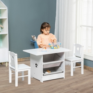 Qaba 3-Piece Kids Table and Chair Set Writing Desk with Storage Boxes Hollow Star Design for Toddler Activities 2-4 Years old, White