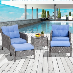 Outsunny 5pcs Patio Rattan Furniture Set Tea Table Footstool w/ Cushion