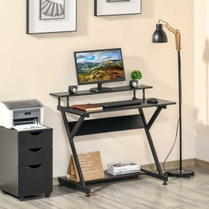 HOMCOM Industrial Computer Desk with Monitor Shelf and Storage, Z-Shaped Writing Desk Workstation for Home Office, Black