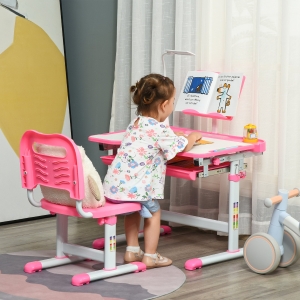Qaba Kids Desk and Chair Set Height Adjustable Student Writing Desk Children School Study Table with Tilt Desktop, LED Lamp, Pen Box, Drawer, Reading Board, Cup Holder, Pen Slots, Pink