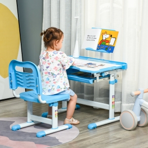 Qaba Kids Desk and Chair Set Height Adjustable Student Writing Desk Children School Study Table with Tilt Desktop, LED Lamp, Pen Box, Drawer, Reading Board, Cup Holder, Pen Slots, Blue