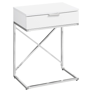 Monarch 24" Contemporary End Table Night Stand with Large Storage Drawer and Metal X-Design Frame - Glossy White / Chrome Base