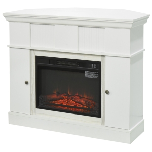 HOMCOM Electric Fireplace with Storage Door Cabinets, LED Log Flame, Remote Control, and Adjustable Temperature, for Living Room, Dining Room, Office, and Corner Use - White