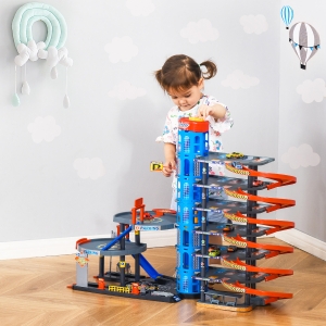 Qaba 7-Level Car Parking Garage Toy Race Tracks Car Ramp Set Toddler Car Games w/ Cars & Helicopter Elevator Gas Station Car Repair Station for 3-6 Years Old