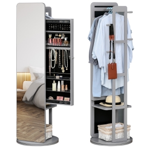 HOMCOM Full Length Mirror with Jewelry Cabinet, Hanging Cloth Bar, Coat Rack, 360° Rotating Floor Mirror, Grey