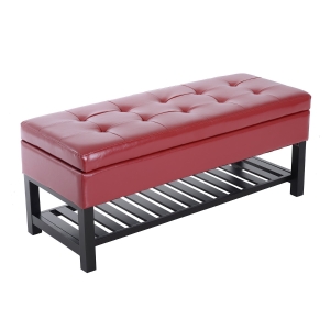 HomCom 44" Tufted Faux Leather Ottoman Storage Bench with Shoe Rack- Crimson Red