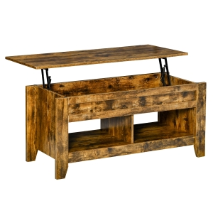 HOMCOM Lift Top Coffee Table with Hidden Storage Compartment and Open Shelves, Lift Tabletop Pop-Up Center Table for Living Room, Rustic Brown