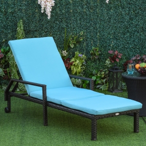 Outsunny Outdoor PE Rattan Wicker Sun Chaise Lounger Recliner Garden Chair with 5-Level Adjustable Backrest and 2 Wheels, Blue