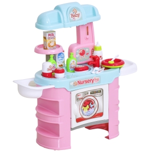 Qaba Kids Baby Nursery Set with Accessories for Boys Girls Ages 3-6 Years, Pretend Play Set for Children - Blue and Pink
