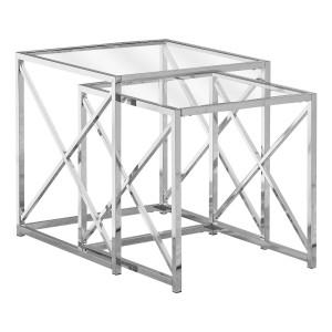 Monarch 2 Piece Contemporary Tempered Glass Nesting Accent Side End Table Set with X-Design Metal Base - Chrome
