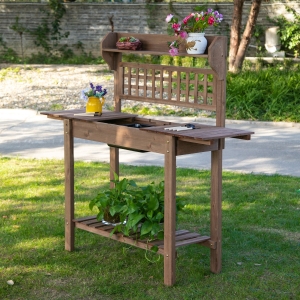 Outsunny 39'' x 18'' x 55'' Wooden Garden Potting Table with Clapboard Plant Work Bench Workstation Outdoor, Brown