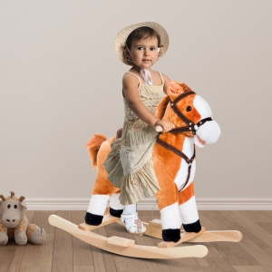 Qaba Kids Rocking Horse Child Plush Ride on Toy with Realistic Sound Red Brown