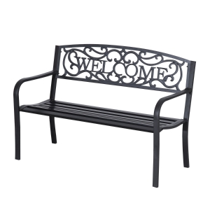 Outsunny 50” Steel 2 Seat Garden Bench Patio Decorative Chair Metal Backyard Seater Outdoor Furniture, Black