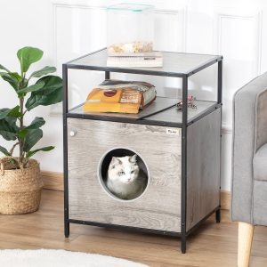 PawHut Wooden Cat House Kitty Shelter Bed with Washable Cushion and Open Shelf, Grey, 19" x 15.75" x 25.75"
