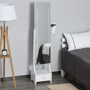HOMCOM Mirrored Jewelry Cabinet Freestanding LED Lighted Jewelry Armoire Storage Organizer with Stand for Necklaces Bracelets Rings Earrings Angle Adjustable White