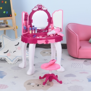 Qaba Children Dressing Table Set Cosmetic Mirror For Girls Music and Light