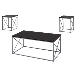 Monarch 3 Piece Modern Minimalist X Braced Laminate Top Coffee Table / Two Matching End Tables Set - Cappuccino, Silver Metal