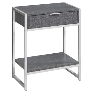 Monarch 24" Contemporary End Table Night Stand with Large Storage Drawer and Open Bottom Shelf - Grey Wood Grain-Look / Chrome Frame