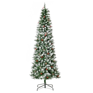 HOMCOM 7.5ft Pre-Lit Snow-Flocked Artificial Christmas Tree with Realistic Branches, 350 LED Lights, Pine Cones, Red Berries and 1075 Tips