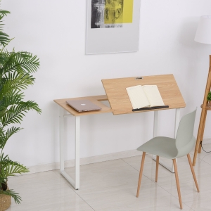 HOMCOM Computer Desk Writing Table with Small Angle Adjustable Tabletop for Drawing Home Office Workstation, Oak