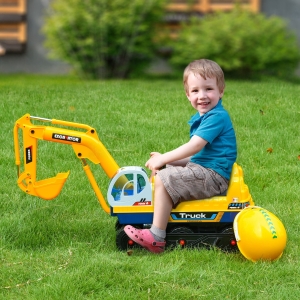Qaba No Power Construction Ride on Excavator Digger Multi-functional Bulldozer Toy 80° Rotation w/ Electric Controllable Digging Bucket Safety Helmet for Ages 2-3 Years Old Yellow